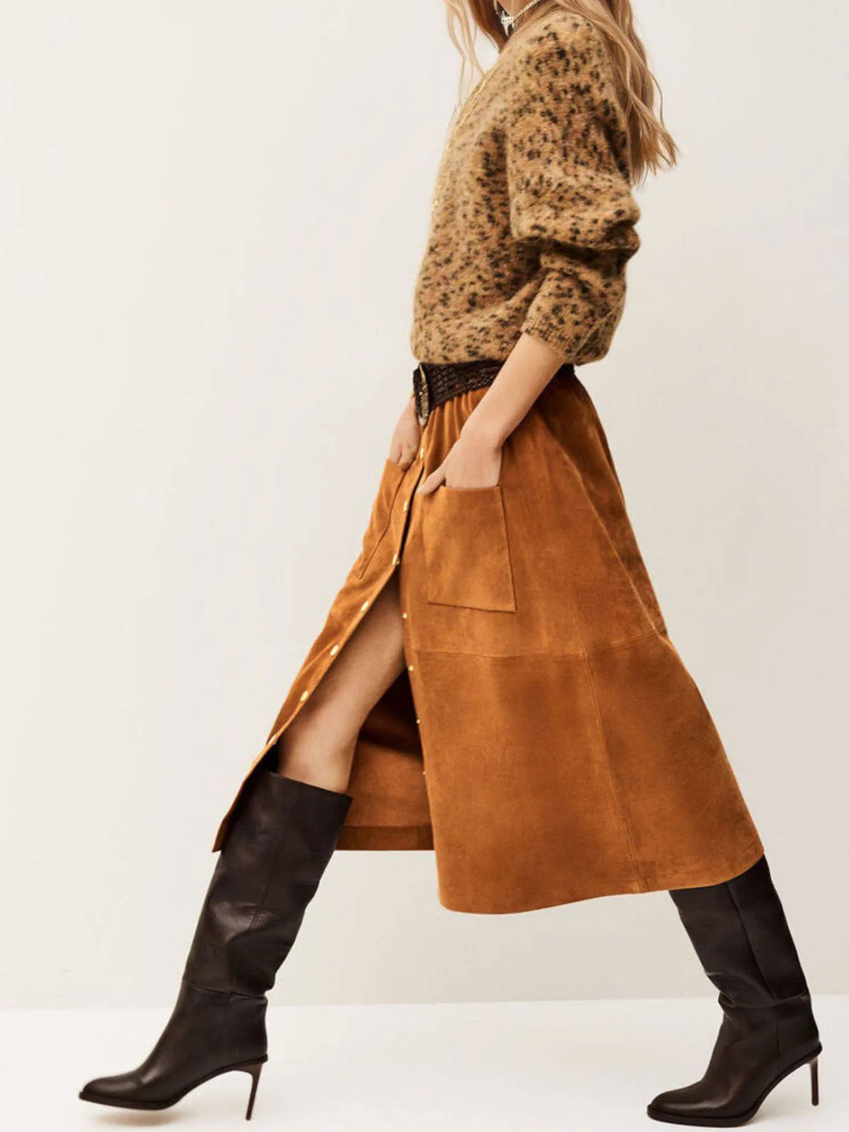 Brown 1960s Corduroy Button Front Pocket Midi Skirt sold by Retro Stage product image thumbnail 4