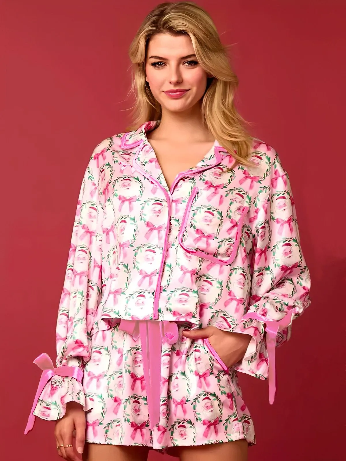 2PCS 1960s Christmas Long Sleeve Button Pajama Set sold by Retro Stage product image thumbnail 3