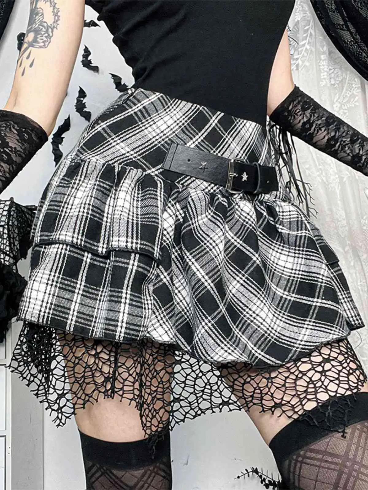 Gray 1980s Steampunk Lace Patchwork Tartan Plaid Skirt sold by Retro Stage product image thumbnail 4
