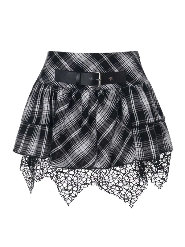 Gray 1980s Steampunk Lace Patchwork Tartan Plaid Skirt sold by Retro Stage