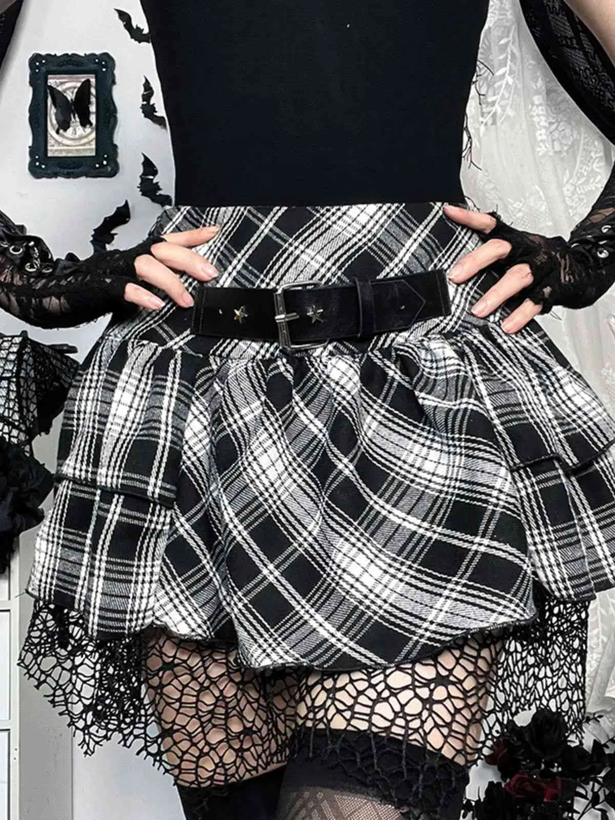 Gray 1980s Steampunk Lace Patchwork Tartan Plaid Skirt sold by Retro Stage product image thumbnail 3