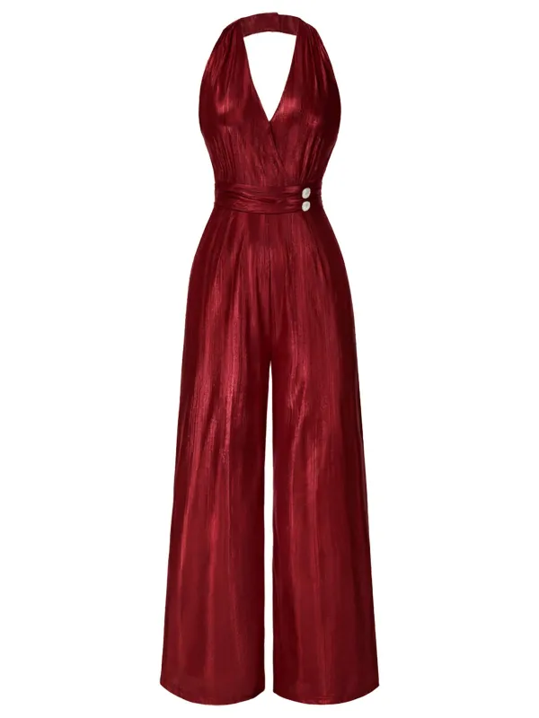 Red 1970s Solid V-Neck Halter Jumpsuit sold by Retro Stage
