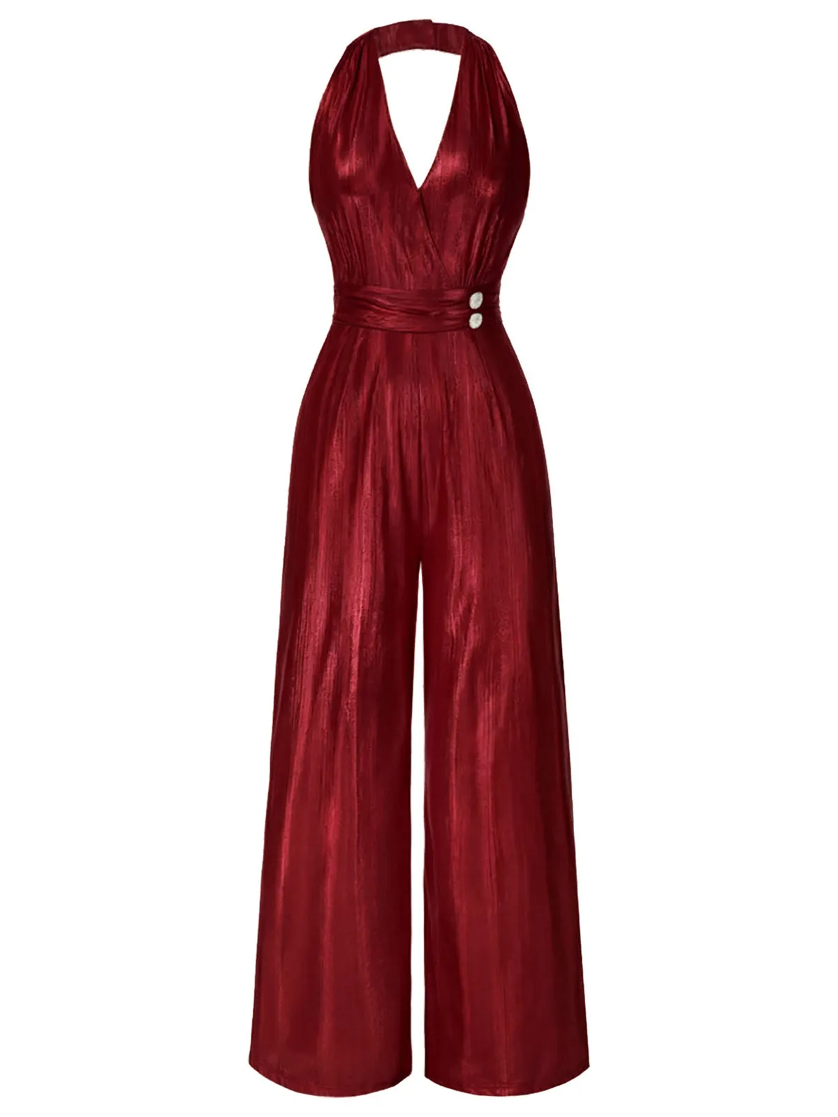 Red 1970s Solid V-Neck Halter Jumpsuit sold by Retro Stage