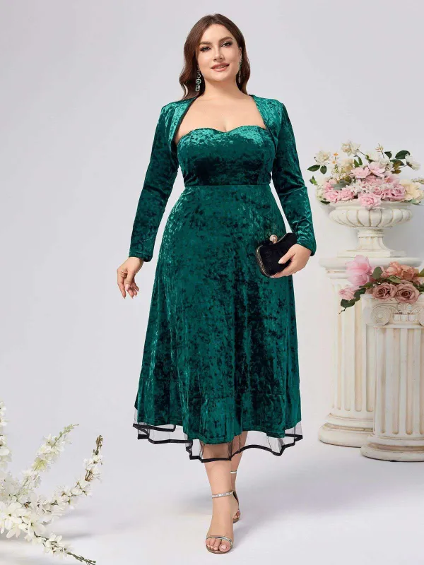 [Plus Size] 2PCS Green 1940s Velvet Sweetheart Mesh Dress & Coat sold by Retro Stage