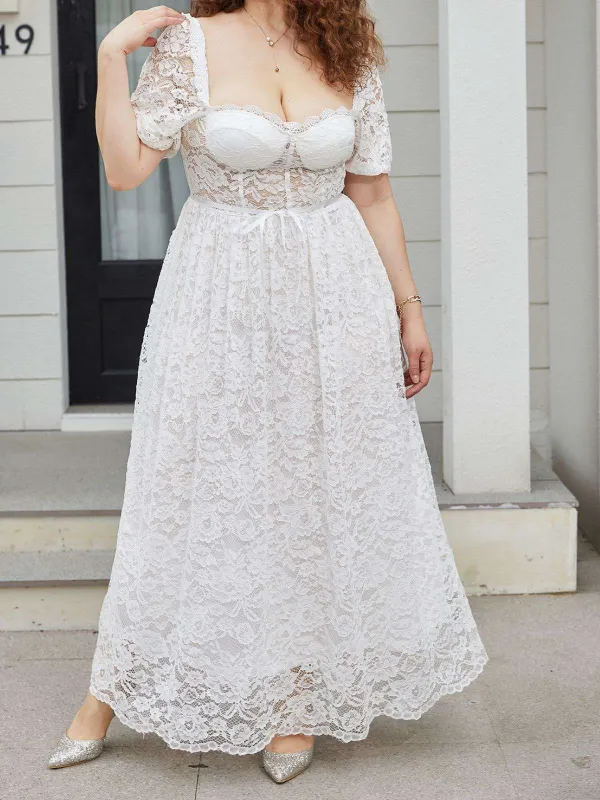 [Plus Size] White 1950s Lace Square Neck Maxi Dress sold by Retro Stage