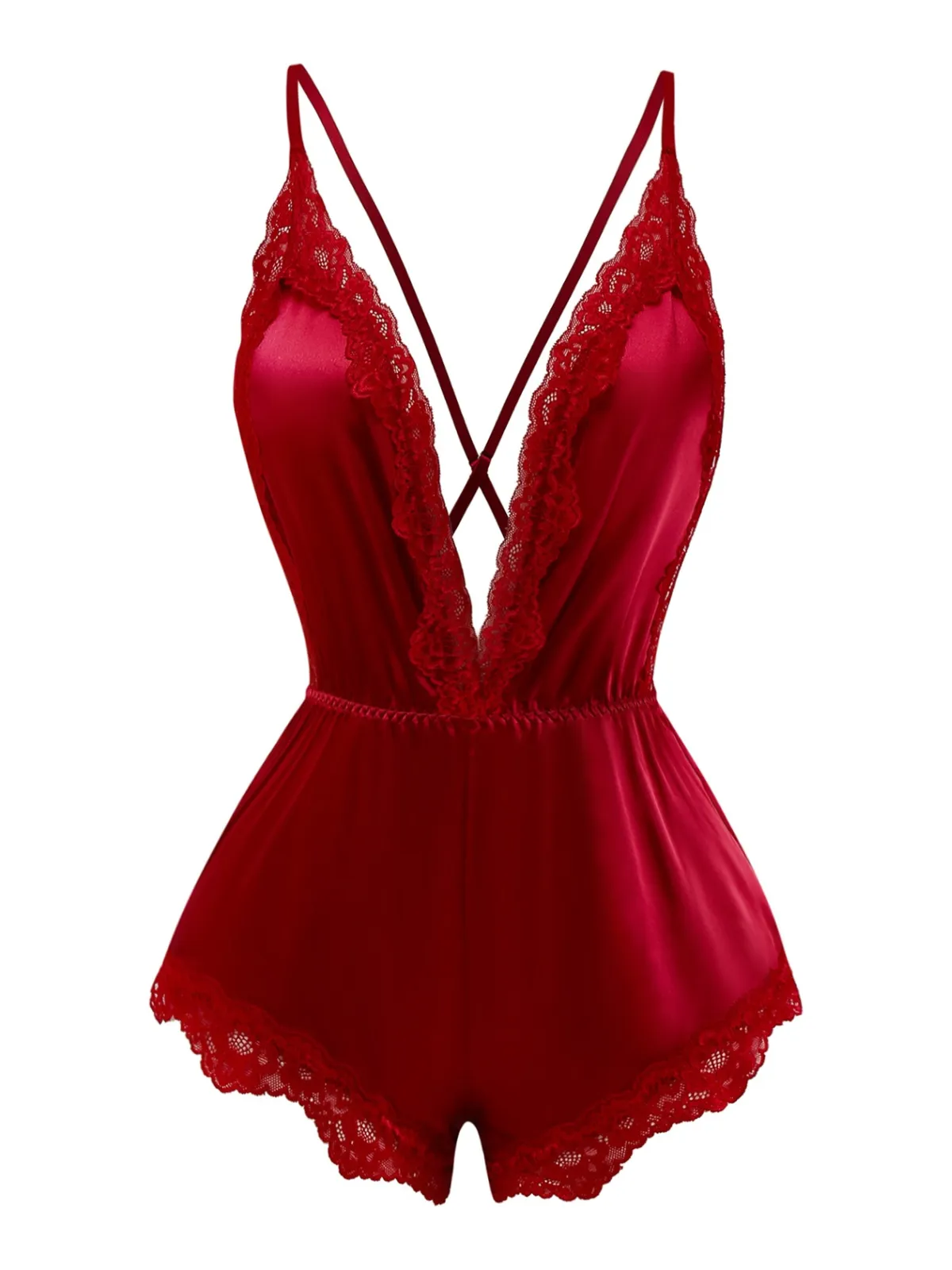 1950s Lace Satin Deep V Backless Sleep Romper sold by Retro Stage