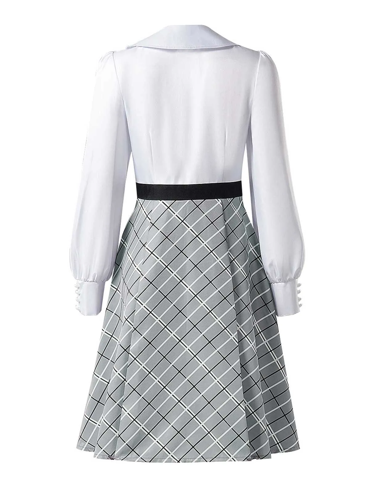 Grey 1940s Peter Pan Collar Bow Plaid Dress sold by Retro Stage product image thumbnail 3