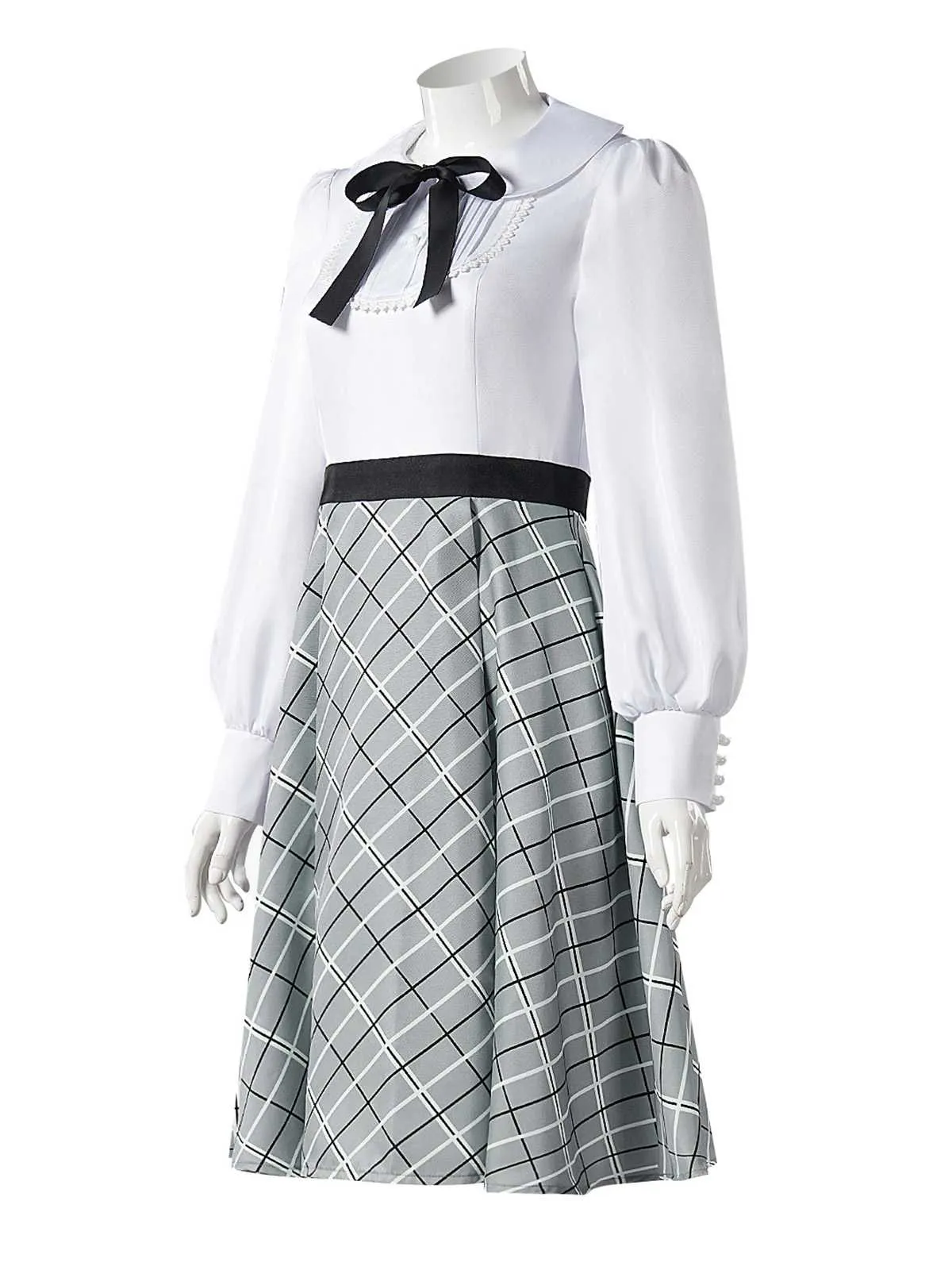 Grey 1940s Peter Pan Collar Bow Plaid Dress sold by Retro Stage product image thumbnail 2