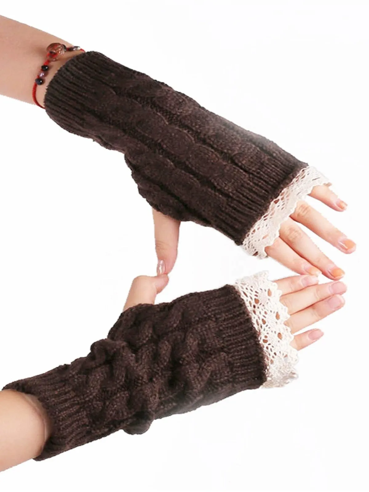 Vintage Lace Patchwork Twisted Knit Fingerless Gloves sold by Retro Stage product image thumbnail 4