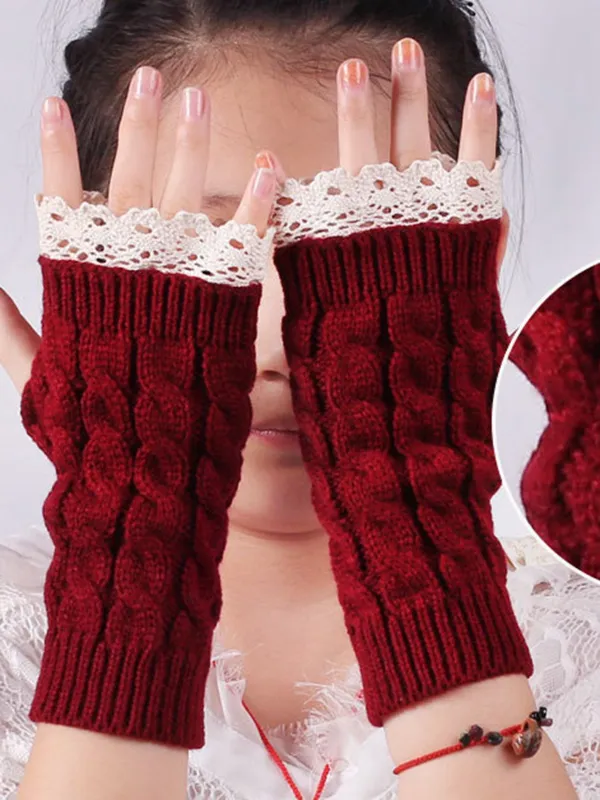Vintage Lace Patchwork Twisted Knit Fingerless Gloves sold by Retro Stage
