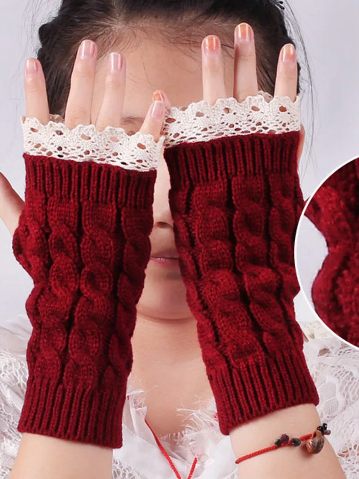Vintage Lace Patchwork Twisted Knit Fingerless Gloves sold by Retro Stage