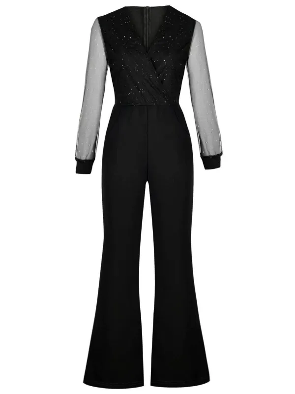Black 1940s V-Neck Glitter Mesh Jumpsuit sold by Retro Stage