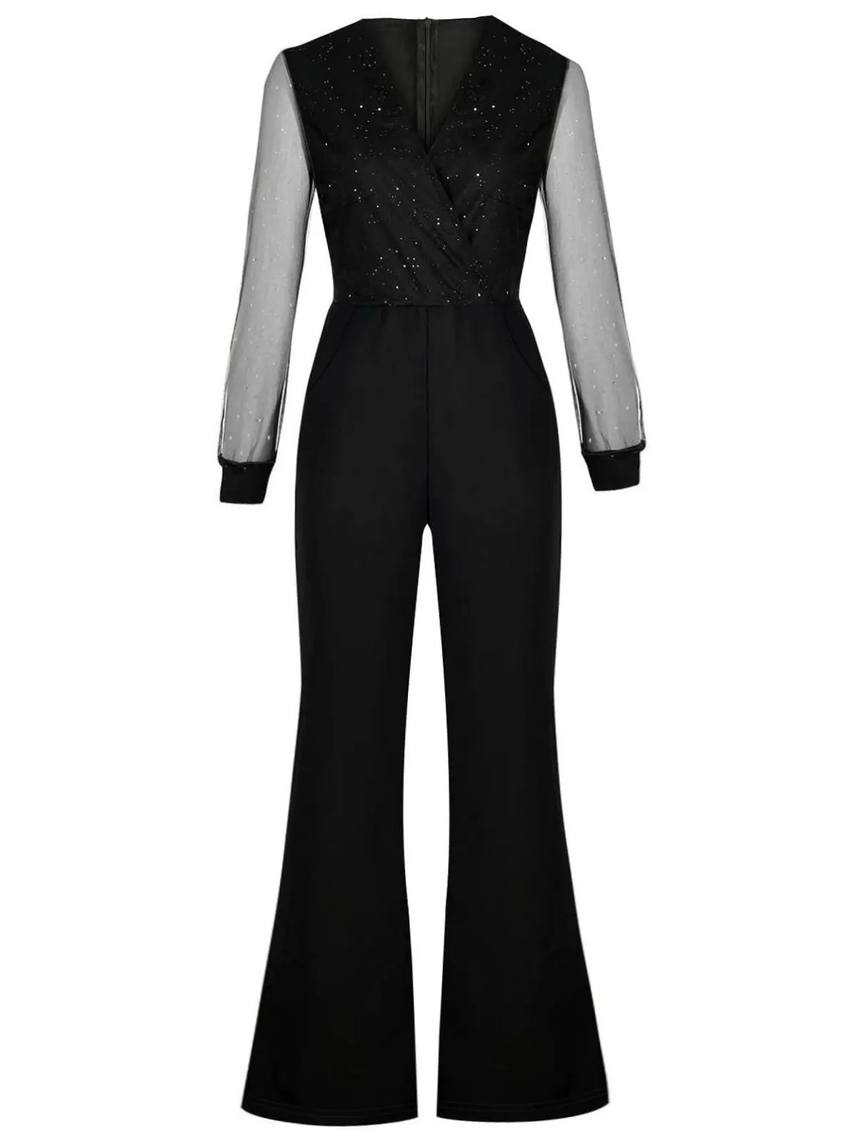 Black 1940s V-Neck Glitter Mesh Jumpsuit sold by Retro Stage
