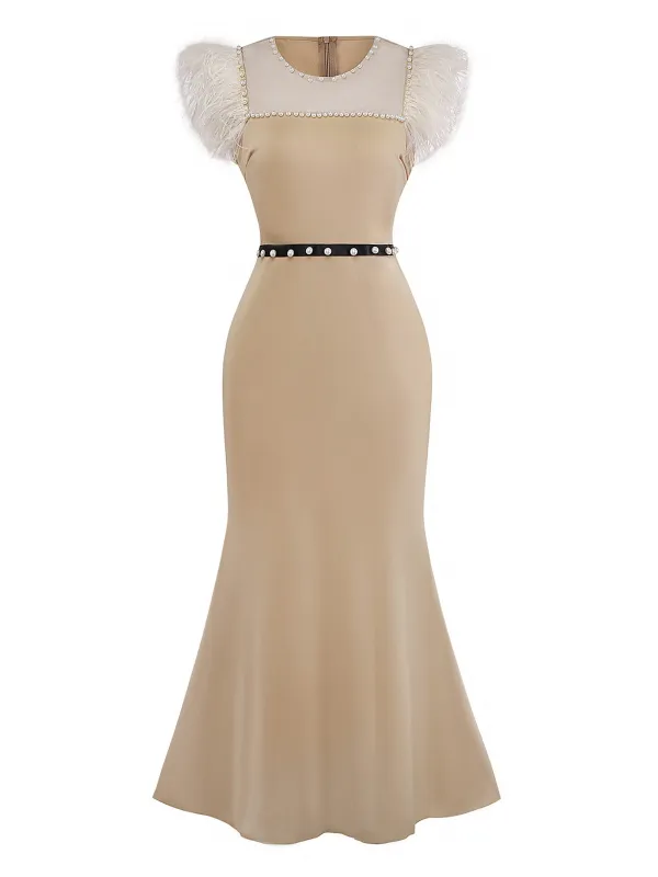 Beige 1930s Beaded & Feather Patchwork Mermaid Dress sold by Retro Stage