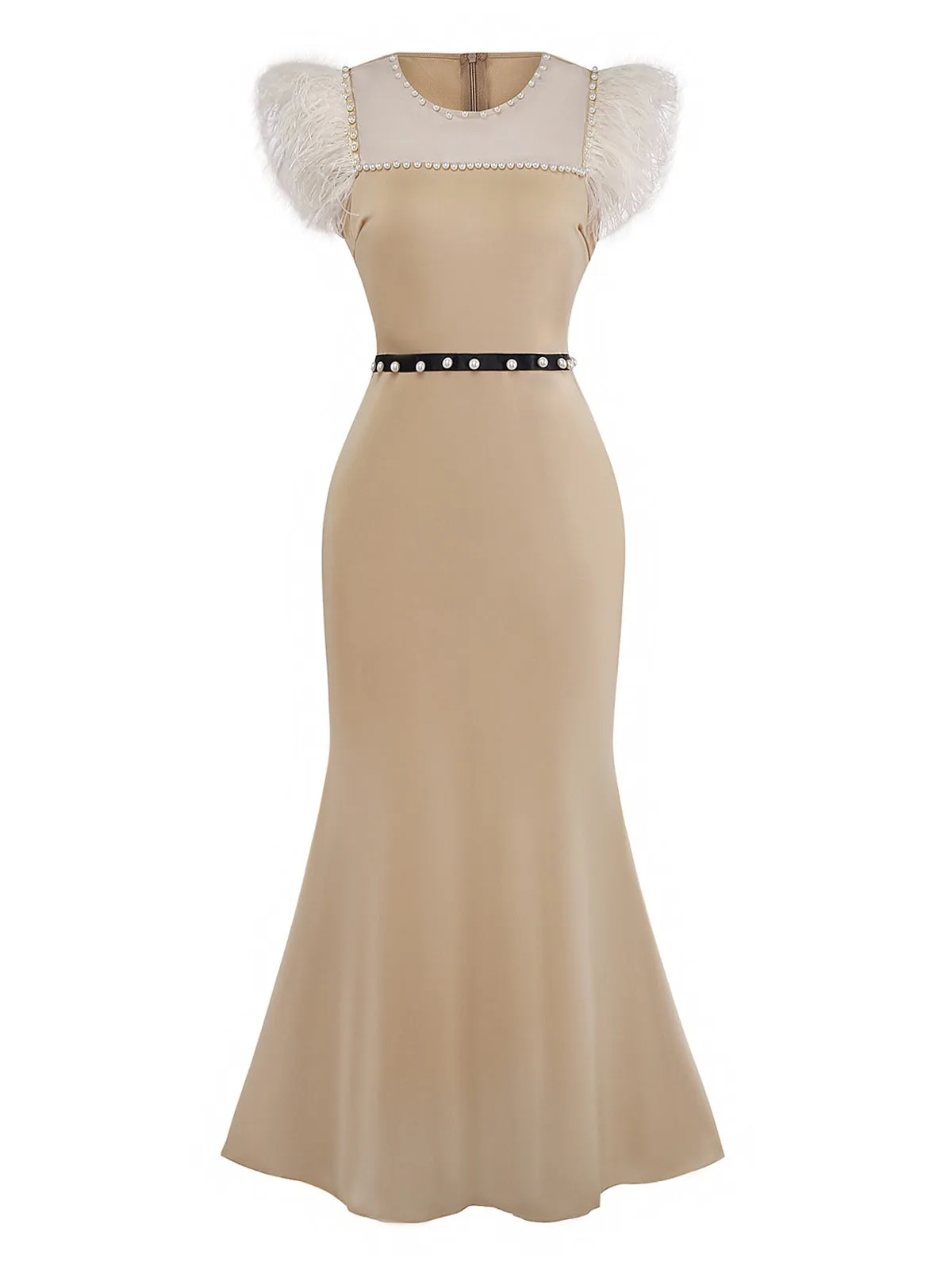 Beige 1930s Beaded & Feather Patchwork Mermaid Dress sold by Retro Stage