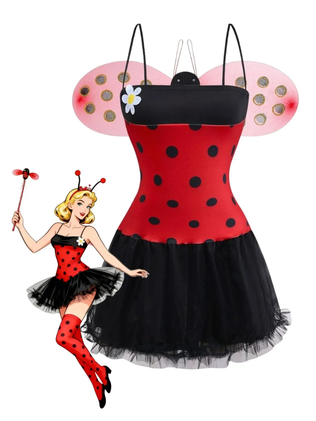 Red 1960s Miraculous Ladybug Cosplay Costume Set sold by Retro Stage product image thumbnail 2