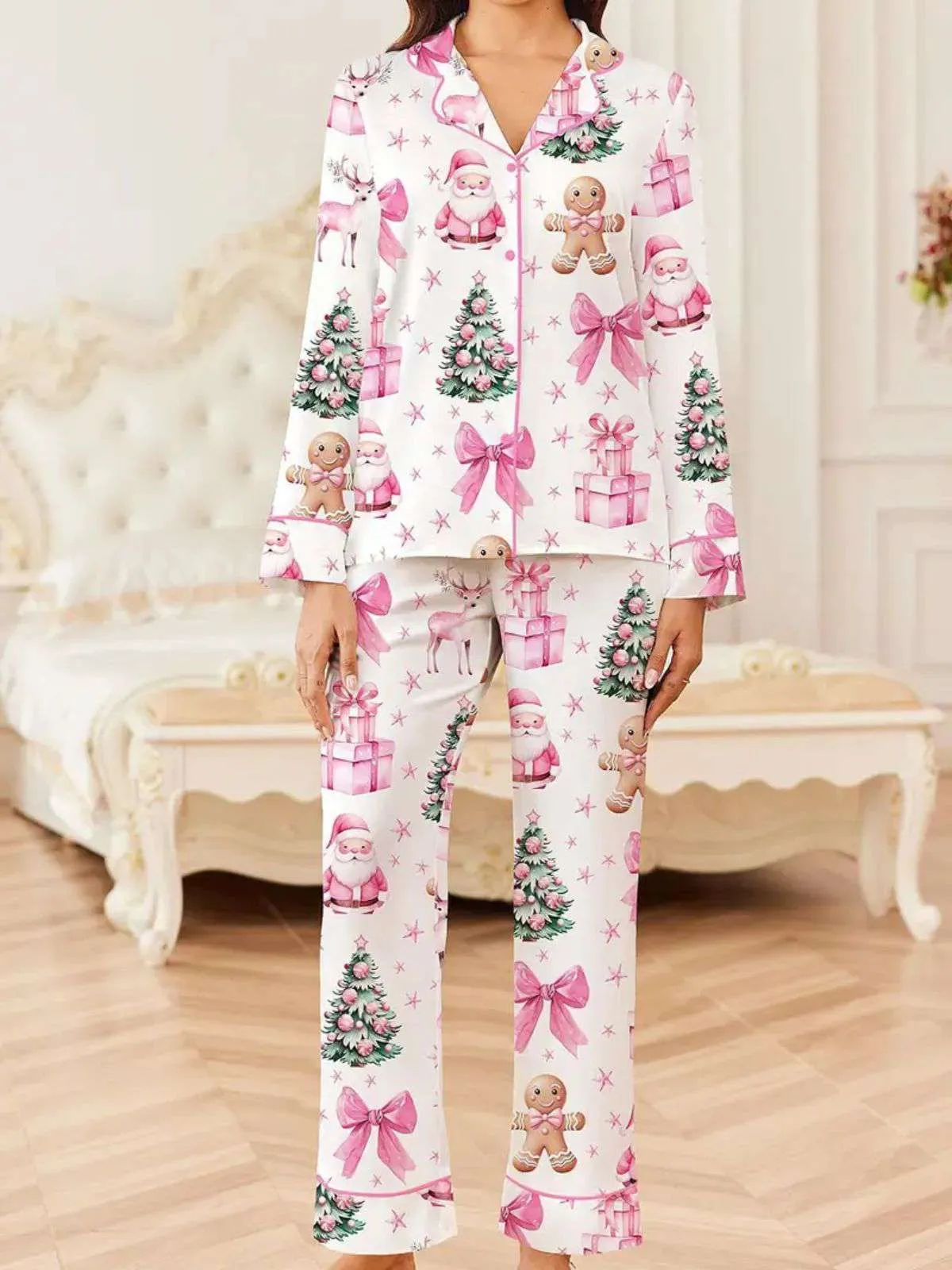 White 1940s Christmas Candy Canes Pajama Set sold by Retro Stage product image thumbnail 3