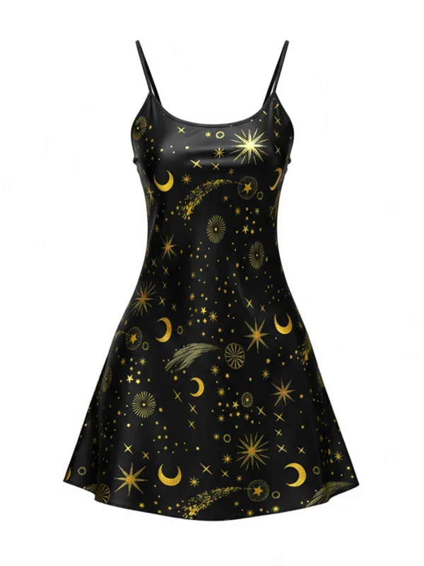 Black 1970s Spaghetti Strap Celestial Print Nightgown sold by Retro Stage