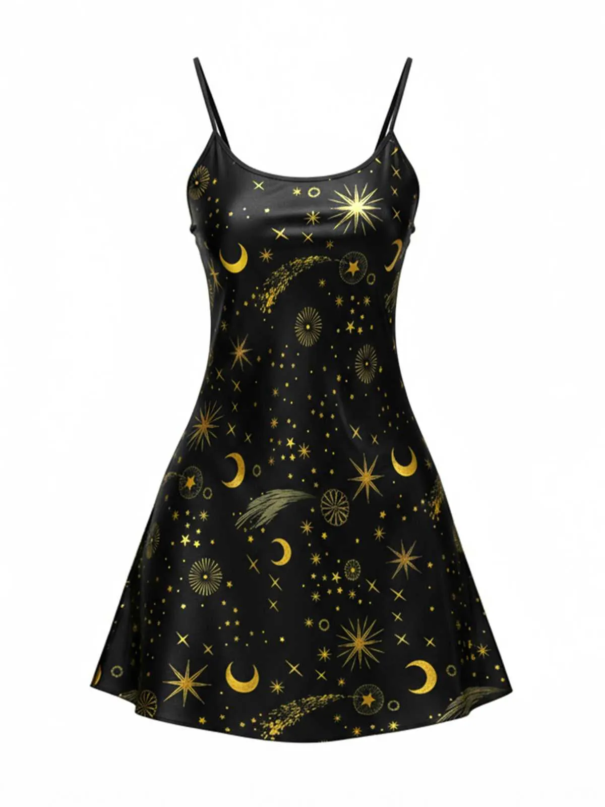 Black 1970s Spaghetti Strap Celestial Print Nightgown sold by Retro Stage