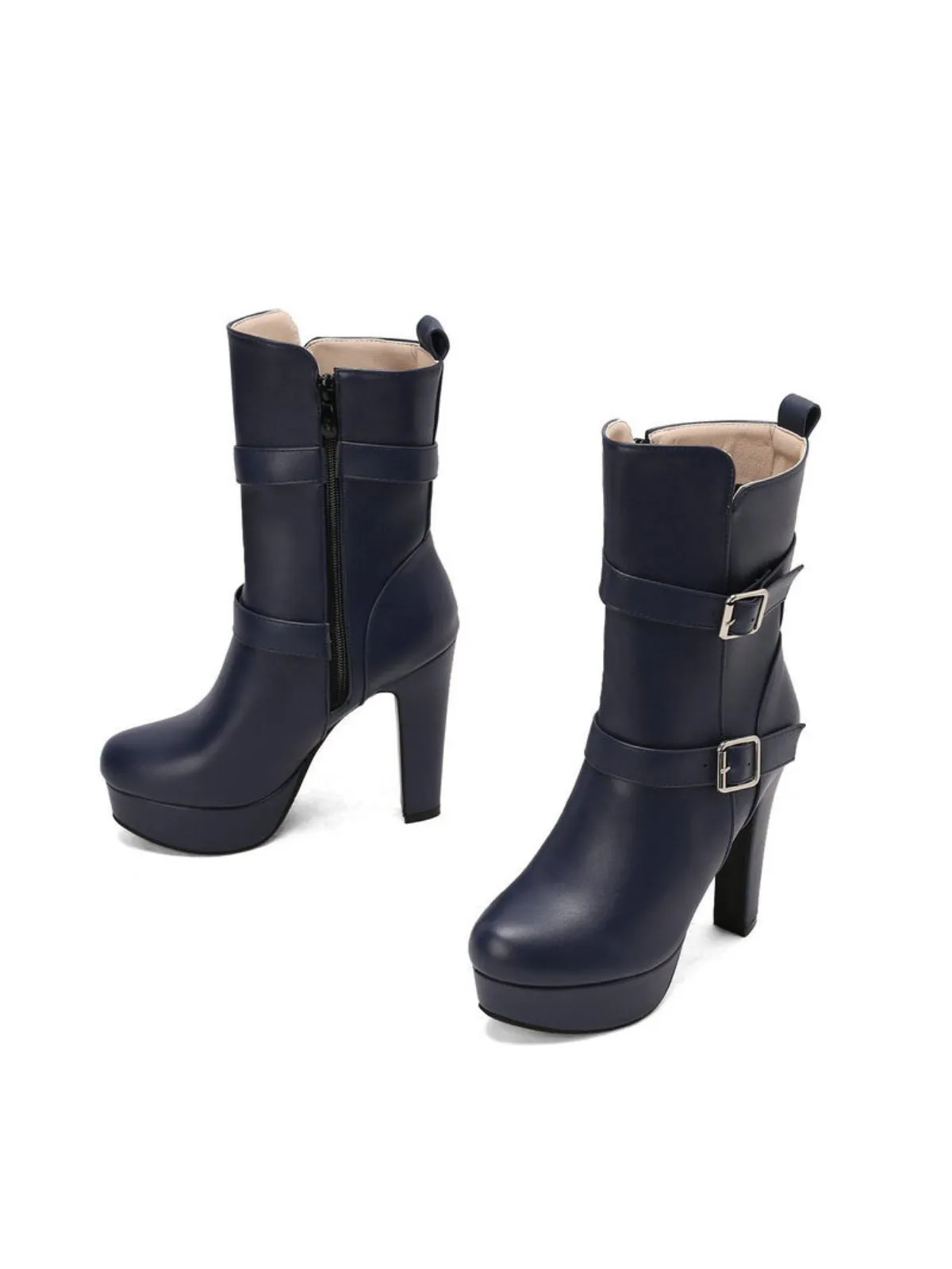 Pu Leather Round Toe Wedge Heel Mid-Calf Boots sold by Retro Stage product image thumbnail 3