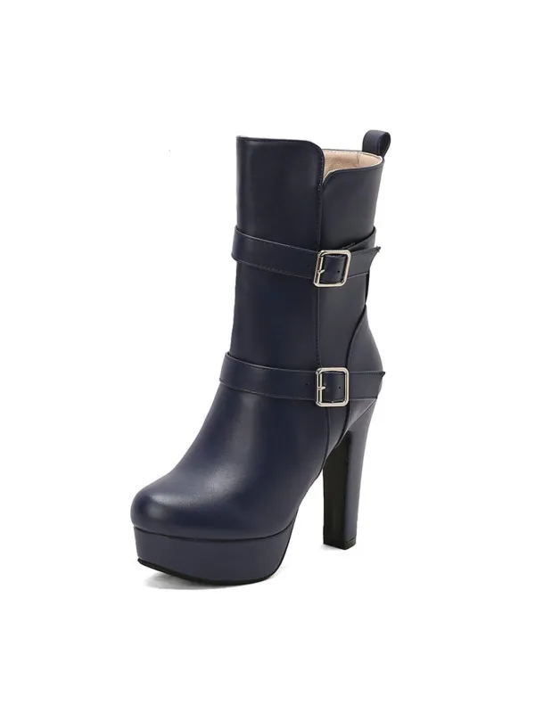 Pu Leather Round Toe Wedge Heel Mid-Calf Boots sold by Retro Stage