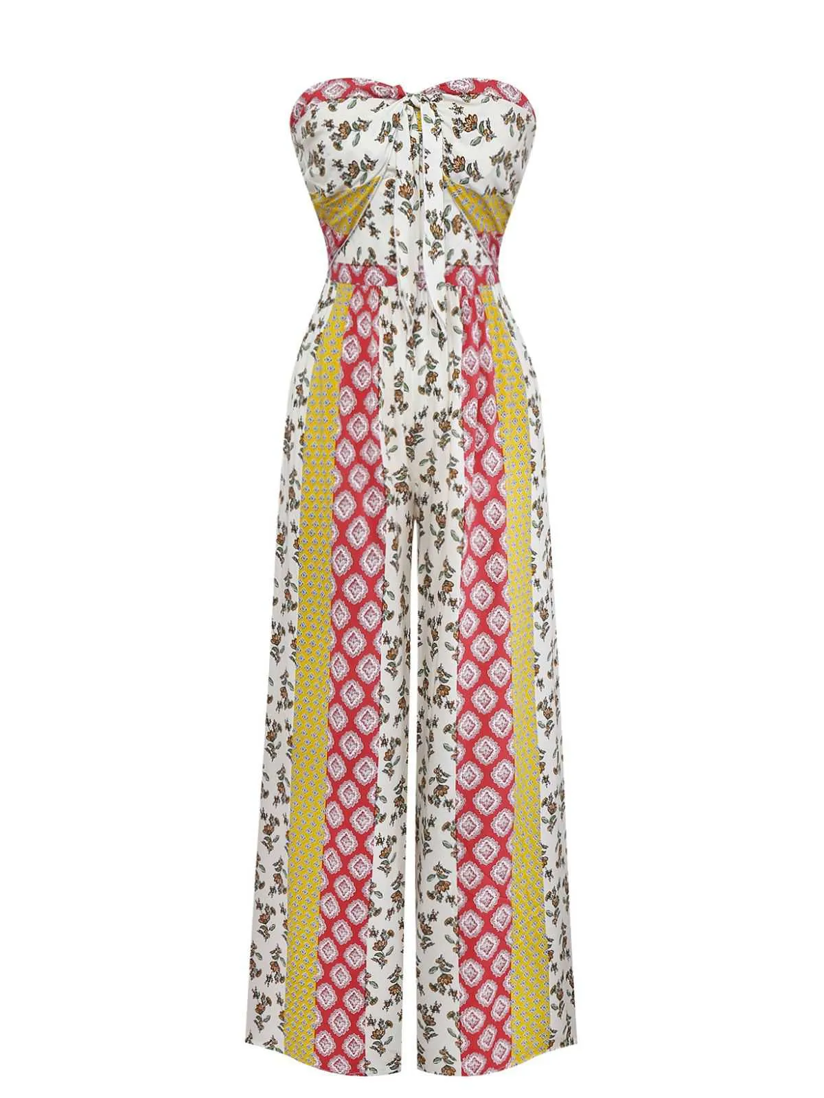 1970s Strapless Floral Geometric Print Boho Jumpsuit sold by Retro Stage