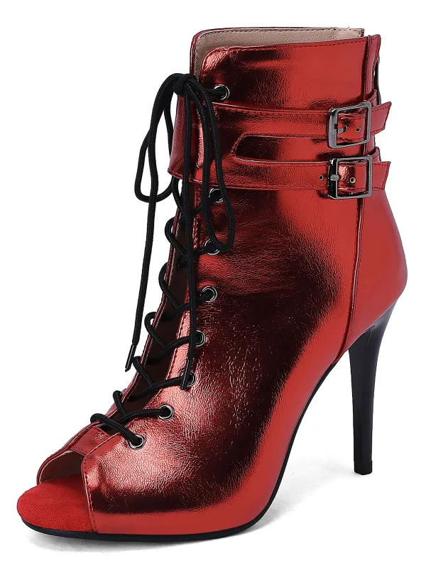 Metallic Open Toe Stiletto Drawstring Mid-Calf Boots sold by Retro Stage