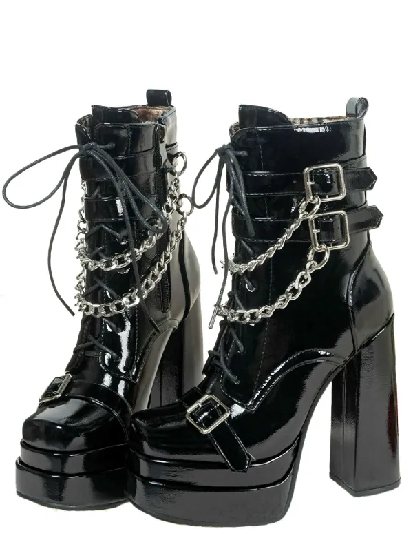 Black Patent Chains Gothic High Heels Boots sold by Retro Stage