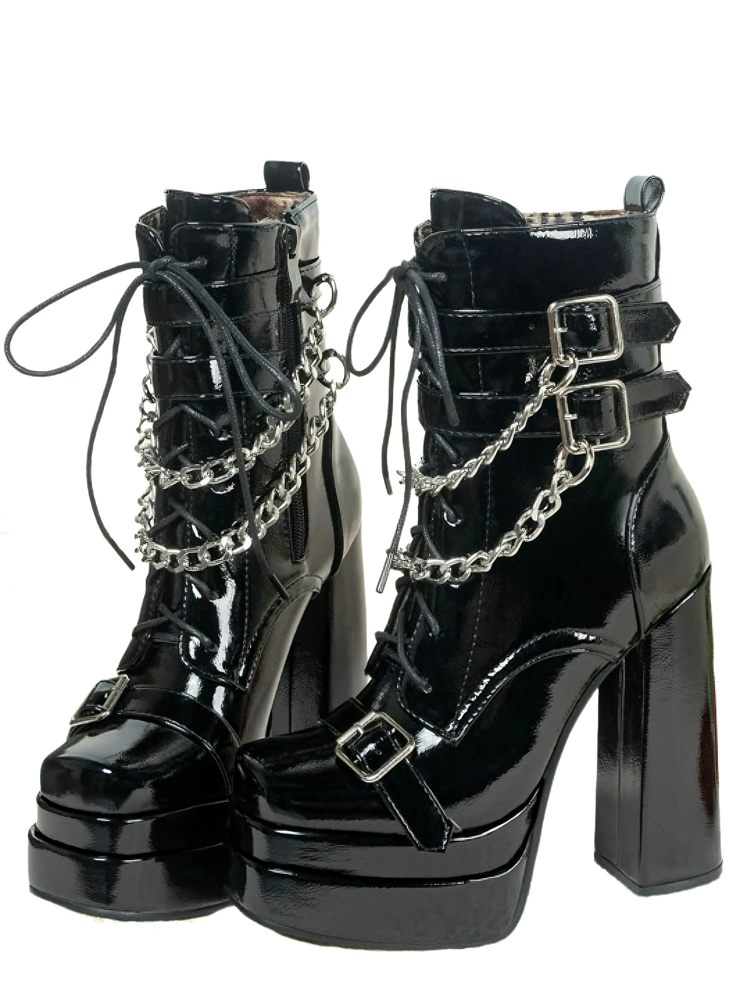 Black Patent Chains Gothic High Heels Boots sold by Retro Stage