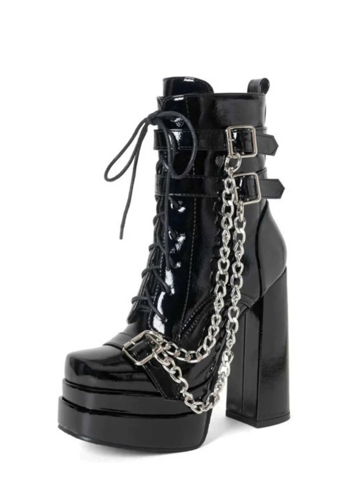 Black Patent Chains Gothic High Heels Boots sold by Retro Stage product image thumbnail 4