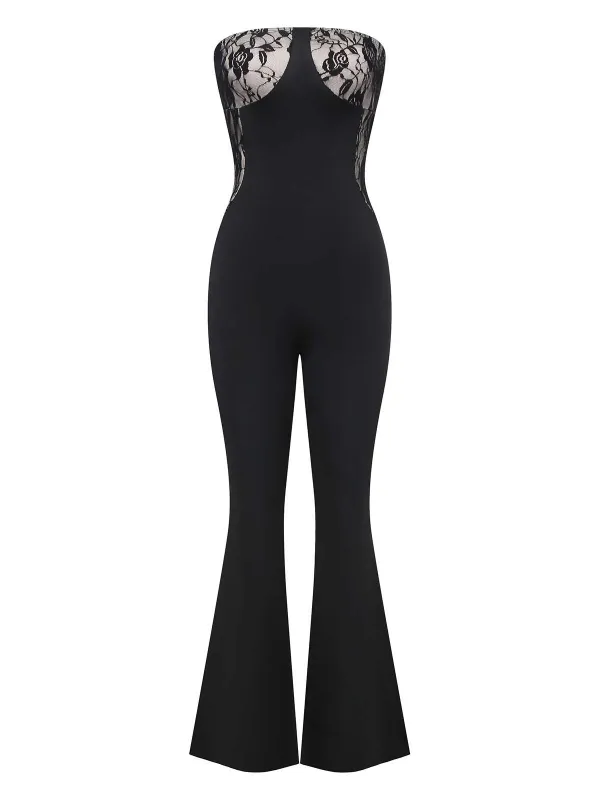 Black 1970s Strapless Lace Panel Flared Jumpsuit sold by Retro Stage