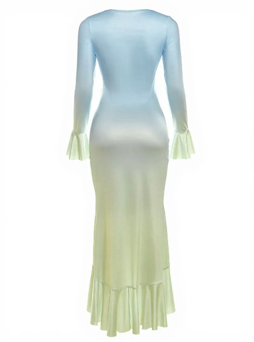 Ombre 1980s Ruched Ruffle-Hem Long-Sleeve Maxi Dress sold by Retro Stage product image thumbnail 2