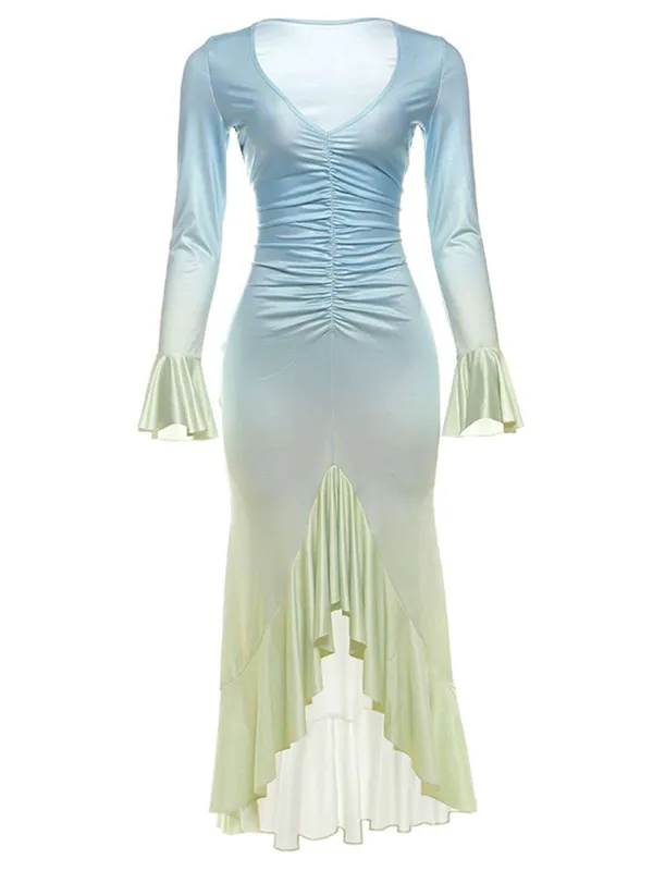 Ombre 1980s Ruched Ruffle-Hem Long-Sleeve Maxi Dress sold by Retro Stage