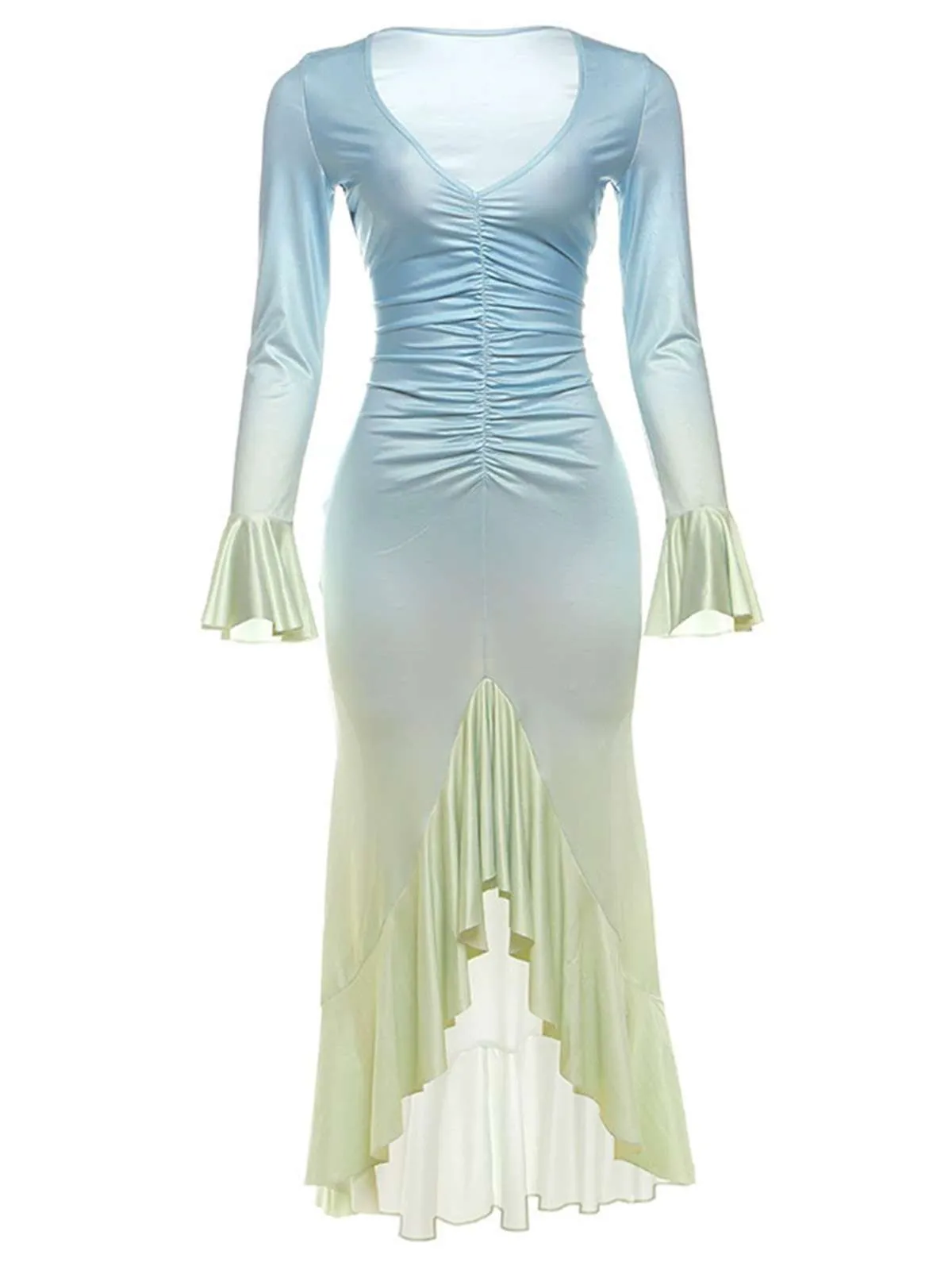 Ombre 1980s Ruched Ruffle-Hem Long-Sleeve Maxi Dress sold by Retro Stage