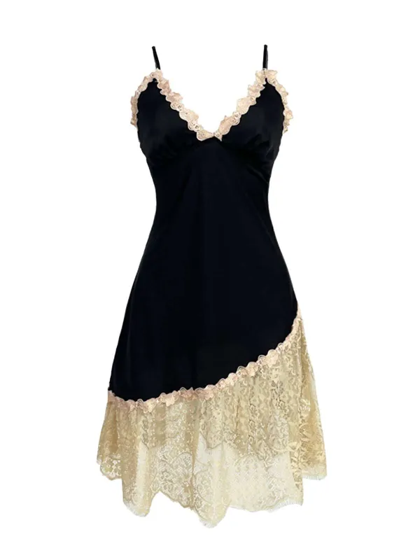 Black 1970s Lace Trim Spaghetti Strap Slip Nightgown sold by Retro Stage