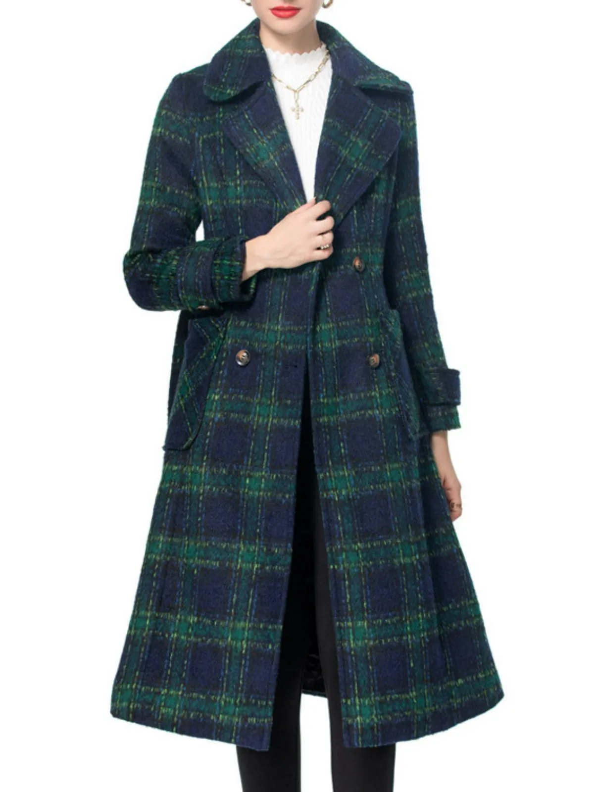 Green 1940s Notched Collar Blackwatch Plaid Long Coat sold by Retro Stage product image thumbnail 3