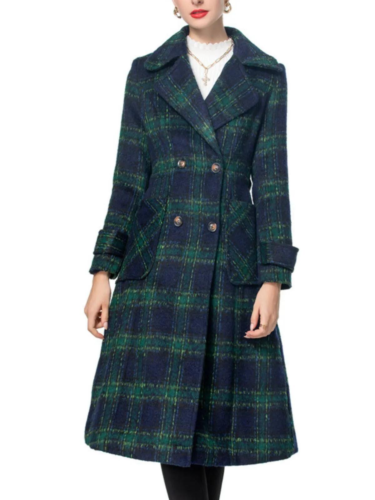 Green 1940s Notched Collar Blackwatch Plaid Long Coat sold by Retro Stage product image thumbnail 4
