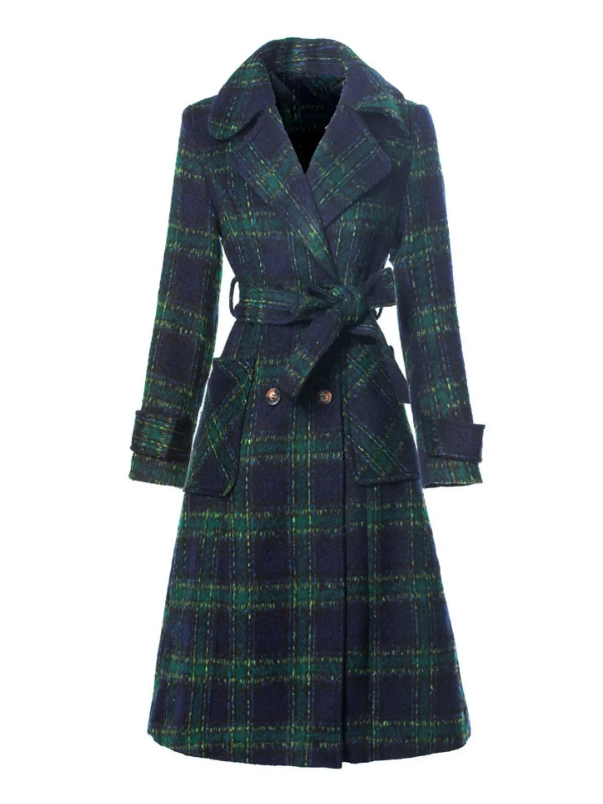 Green 1940s Notched Collar Blackwatch Plaid Long Coat sold by Retro Stage
