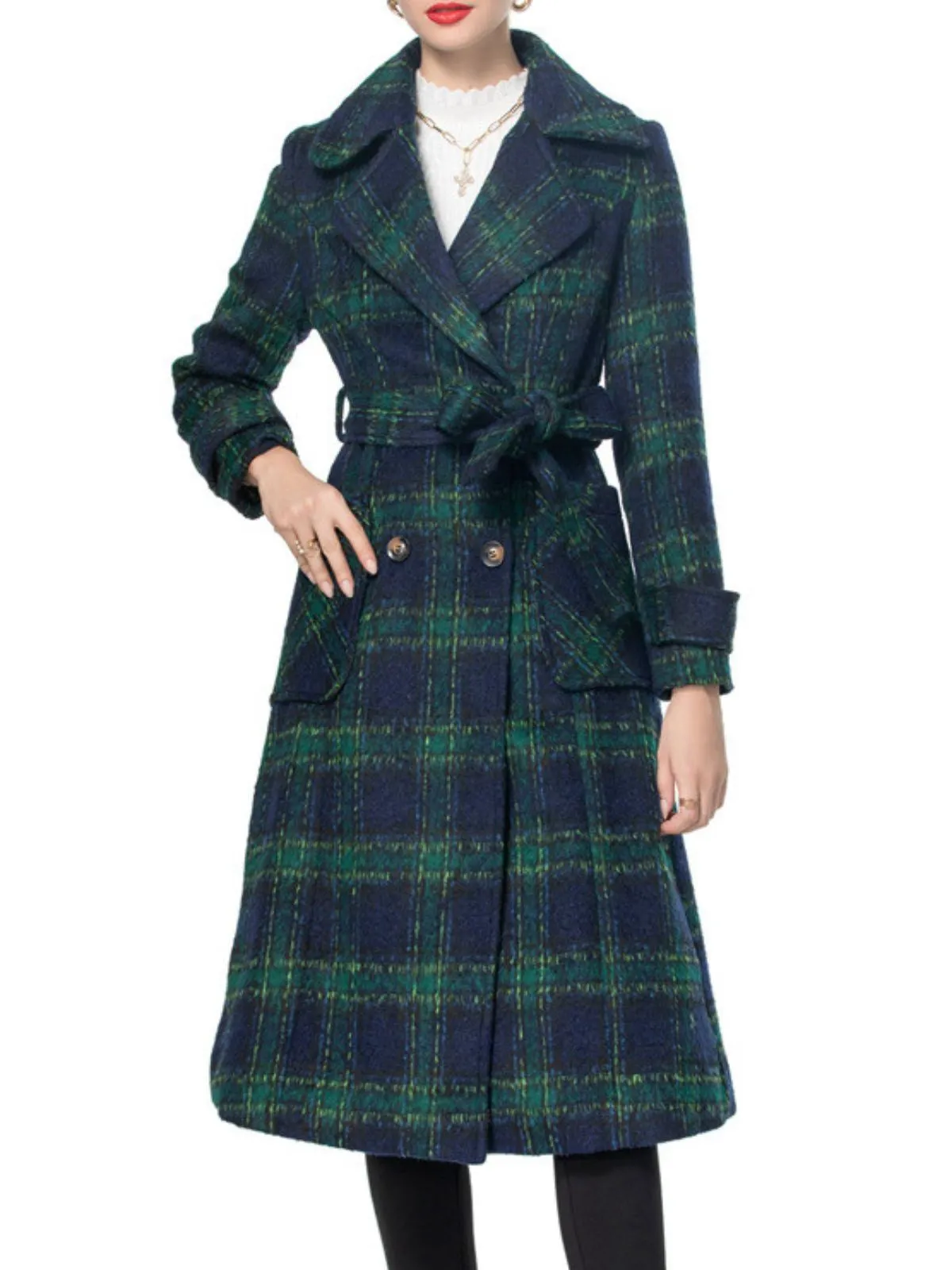 Green 1940s Notched Collar Blackwatch Plaid Long Coat sold by Retro Stage product image thumbnail 5