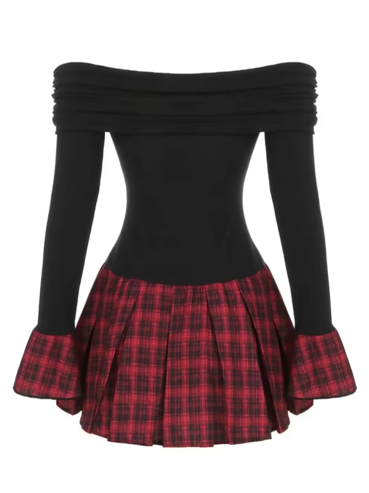 Black 1960s Tartan Plaid Off-Shoulder Pleated Dress sold by Retro Stage product image thumbnail 2