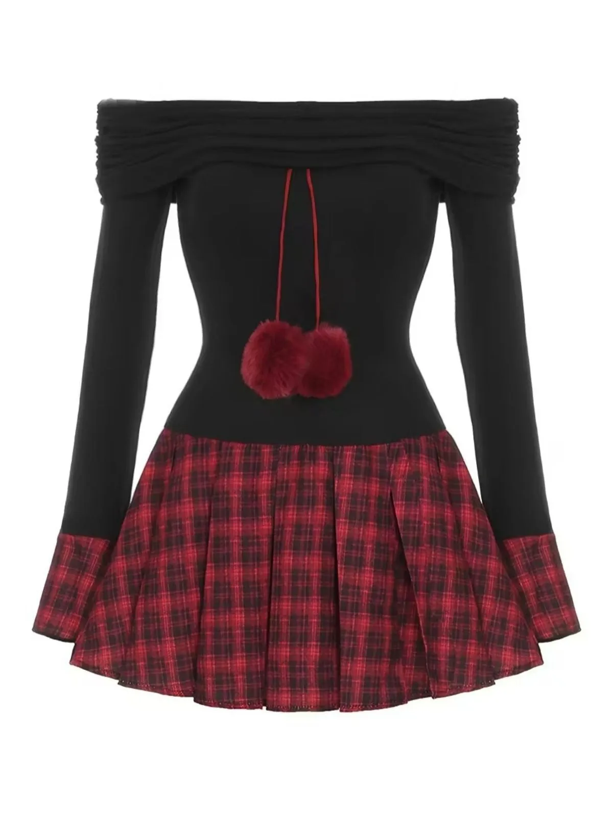 Black 1960s Tartan Plaid Off-Shoulder Pleated Dress sold by Retro Stage