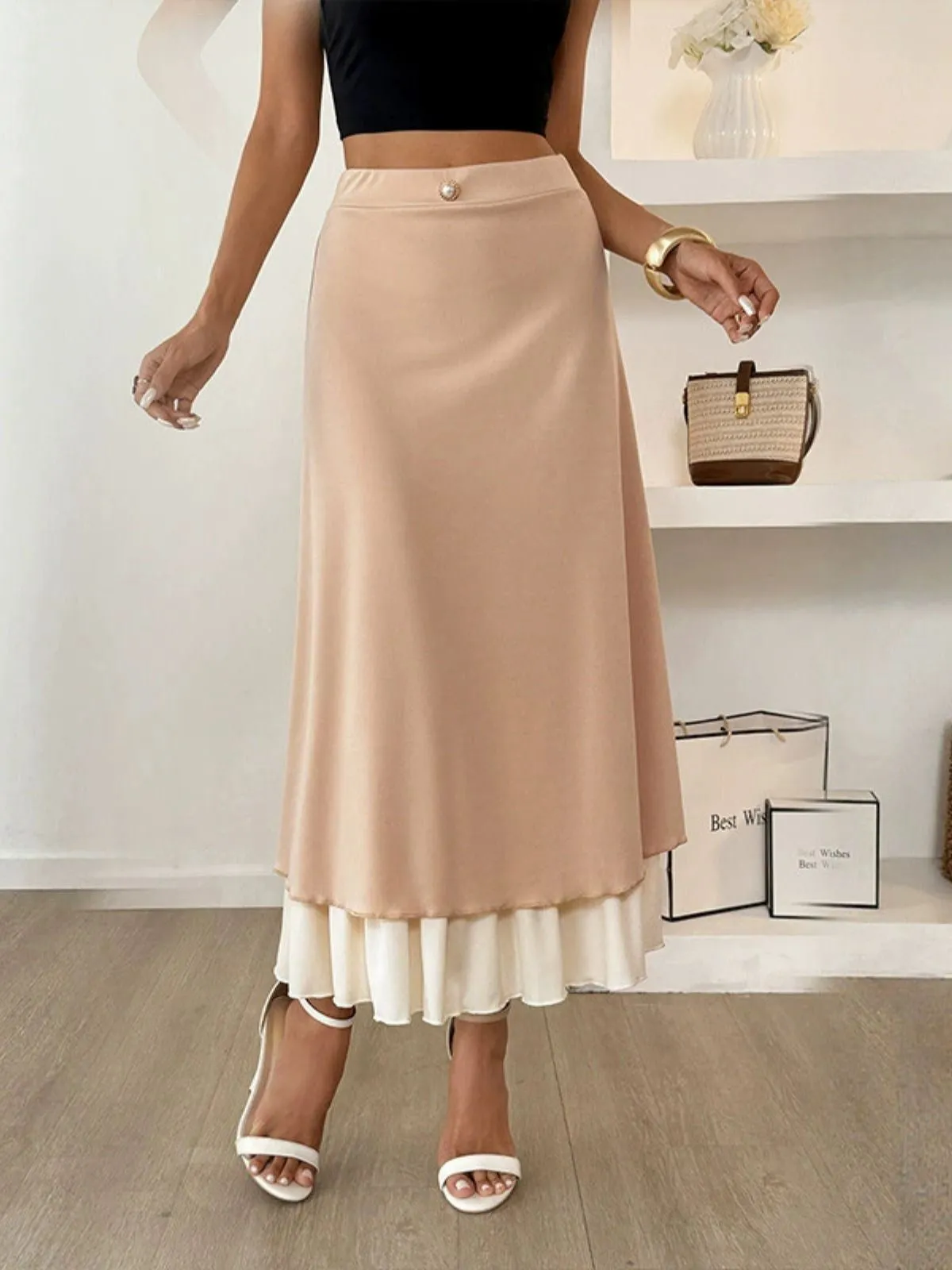 Khaki 1940s Pearl Double Layer A-Line Skirt sold by Retro Stage product image thumbnail 2