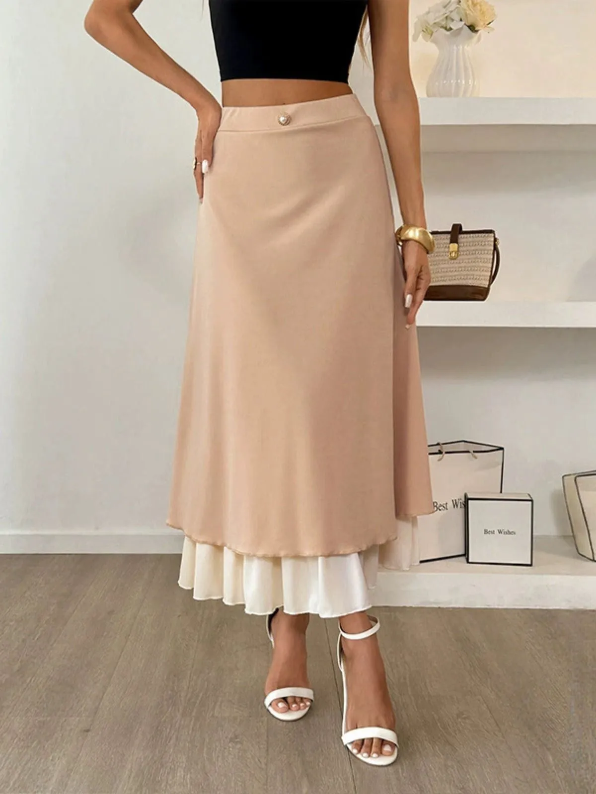 Khaki 1940s Pearl Double Layer A-Line Skirt sold by Retro Stage product image thumbnail 3