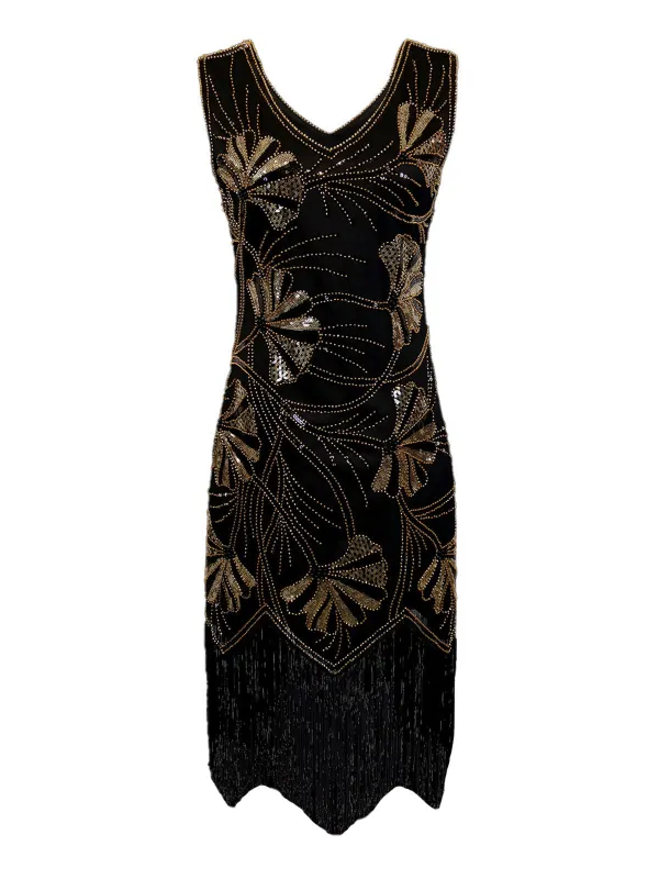 1920s V-Neck Sequined Beading Flapper Dress sold by Retro Stage