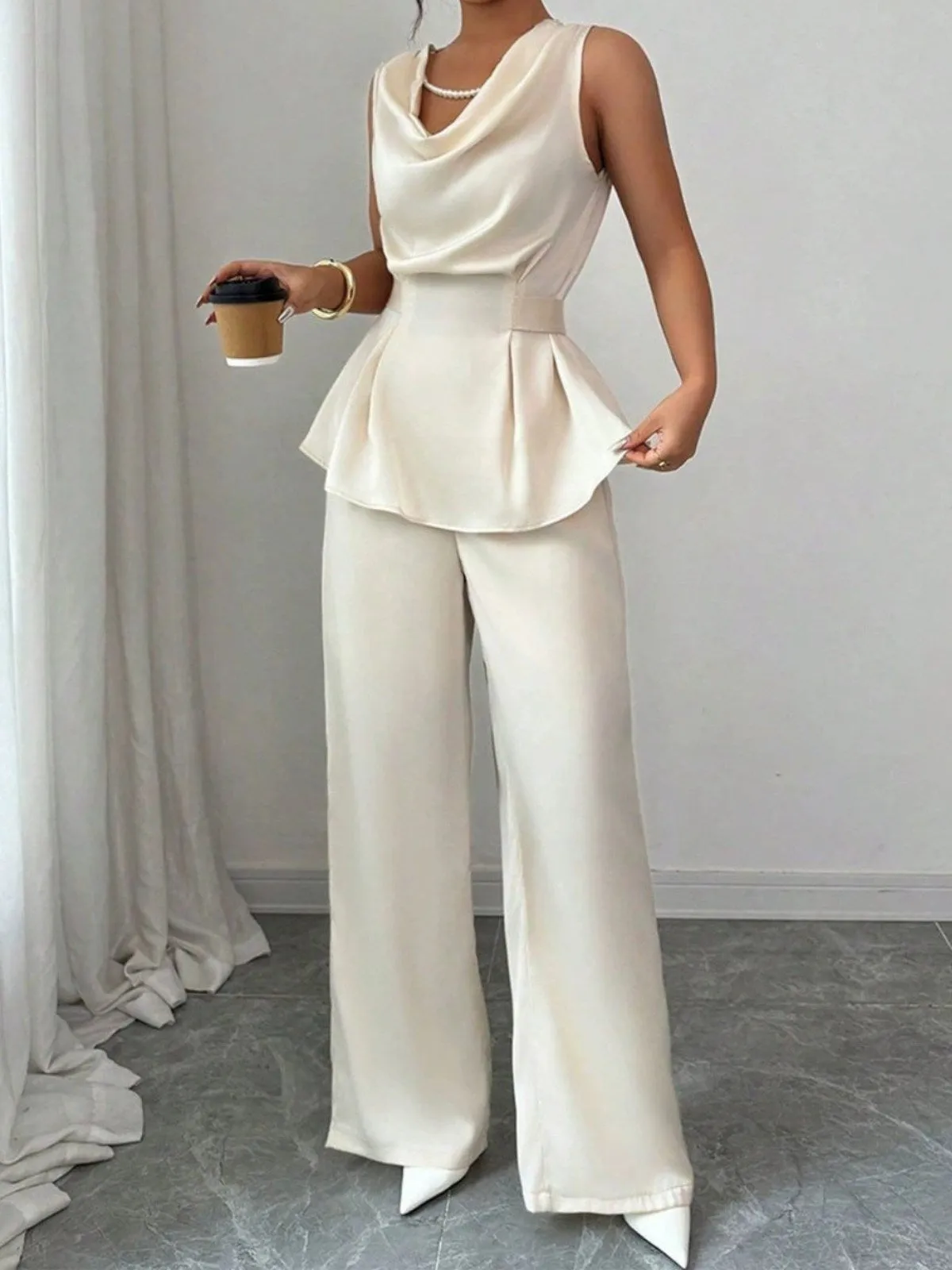 2PCS Beige 1950s Solid Sleeveless Cowl Neck Top & Pants sold by Retro Stage product image thumbnail 2