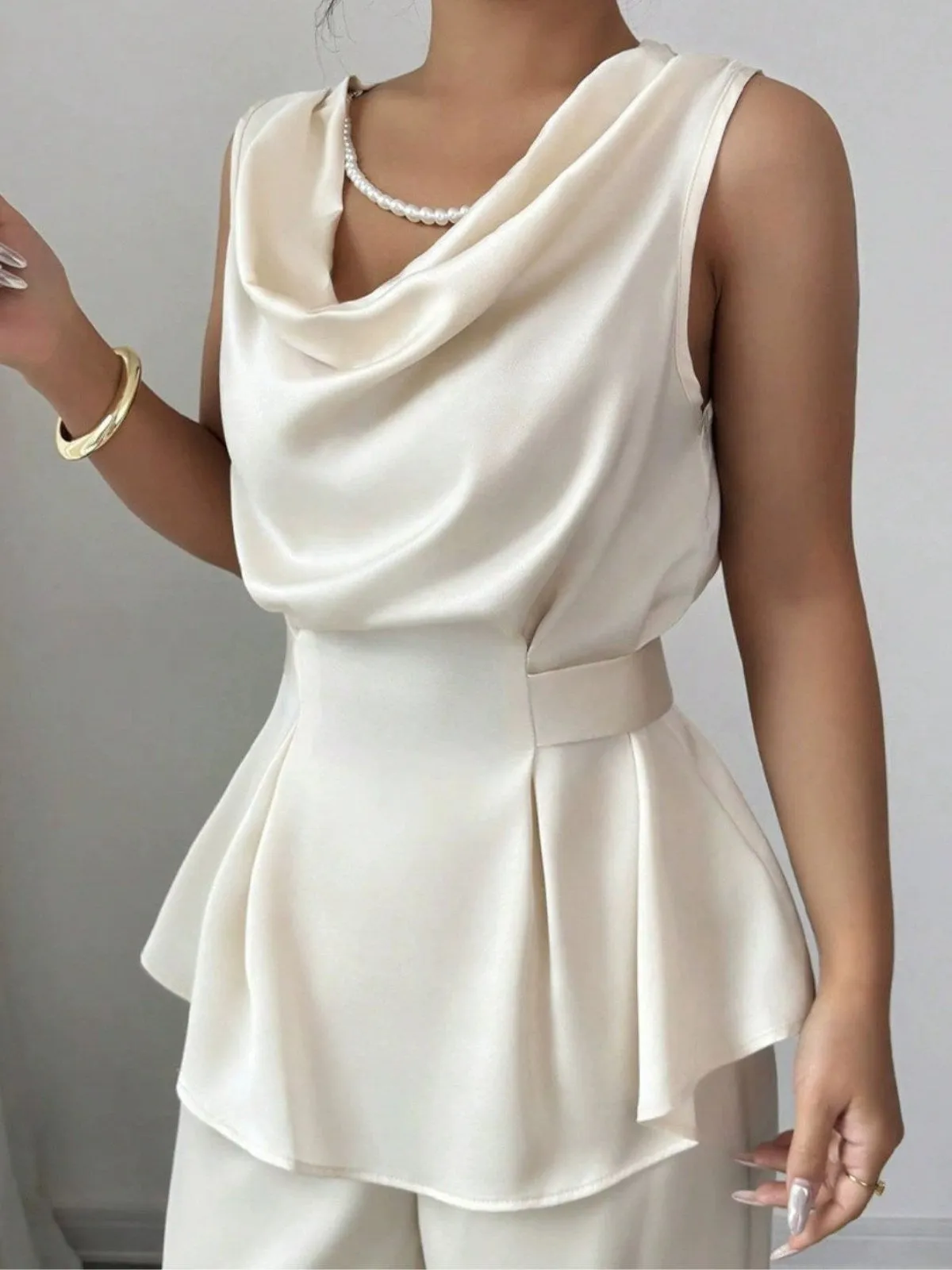 2PCS Beige 1950s Solid Sleeveless Cowl Neck Top & Pants sold by Retro Stage product image thumbnail 4