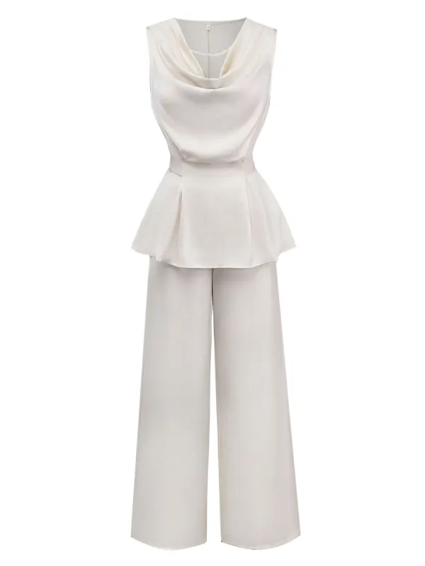 2PCS Beige 1950s Solid Sleeveless Cowl Neck Top & Pants sold by Retro Stage