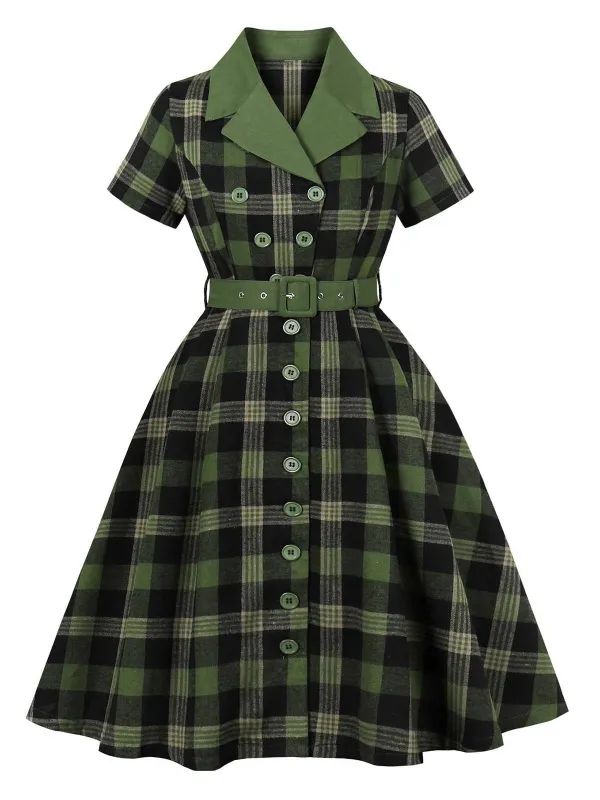 1950s Gingham Plaid Button Lapel Belted Dress sold by Retro Stage