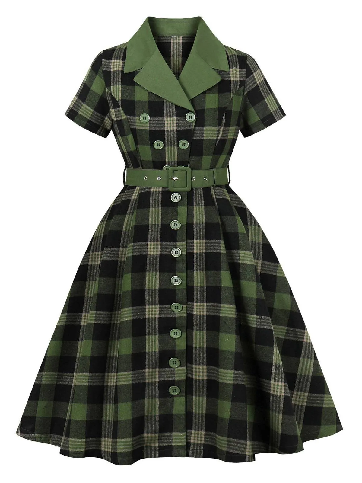1950s Gingham Plaid Button Lapel Belted Dress sold by Retro Stage