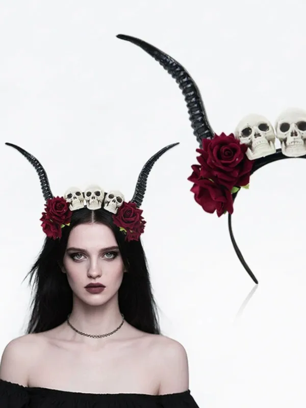 Gothic Skull Rose Demon Horn Headband sold by Retro Stage